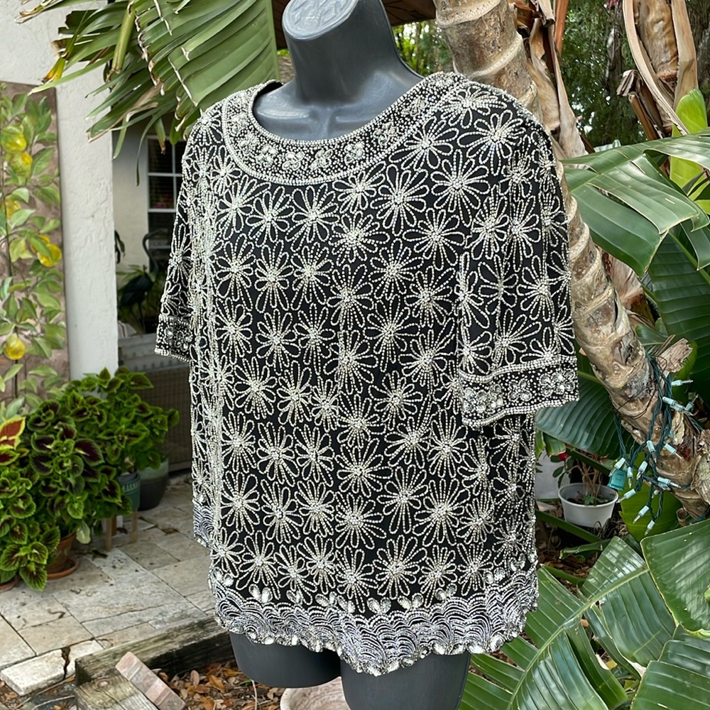 Adriana Papel floral beaded and sequin silk top
